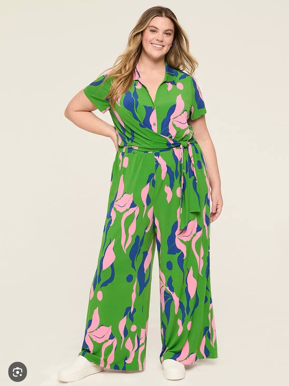 Plus Size Green Abstract Print Wide-Leg Jumpsuit